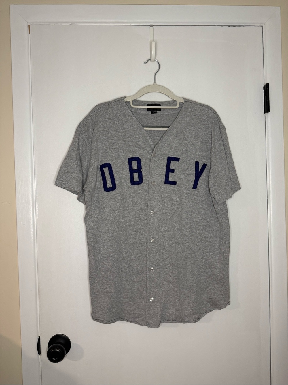 Obey Grey Short-Sleeve Button Baseball Tee with Navy Letters